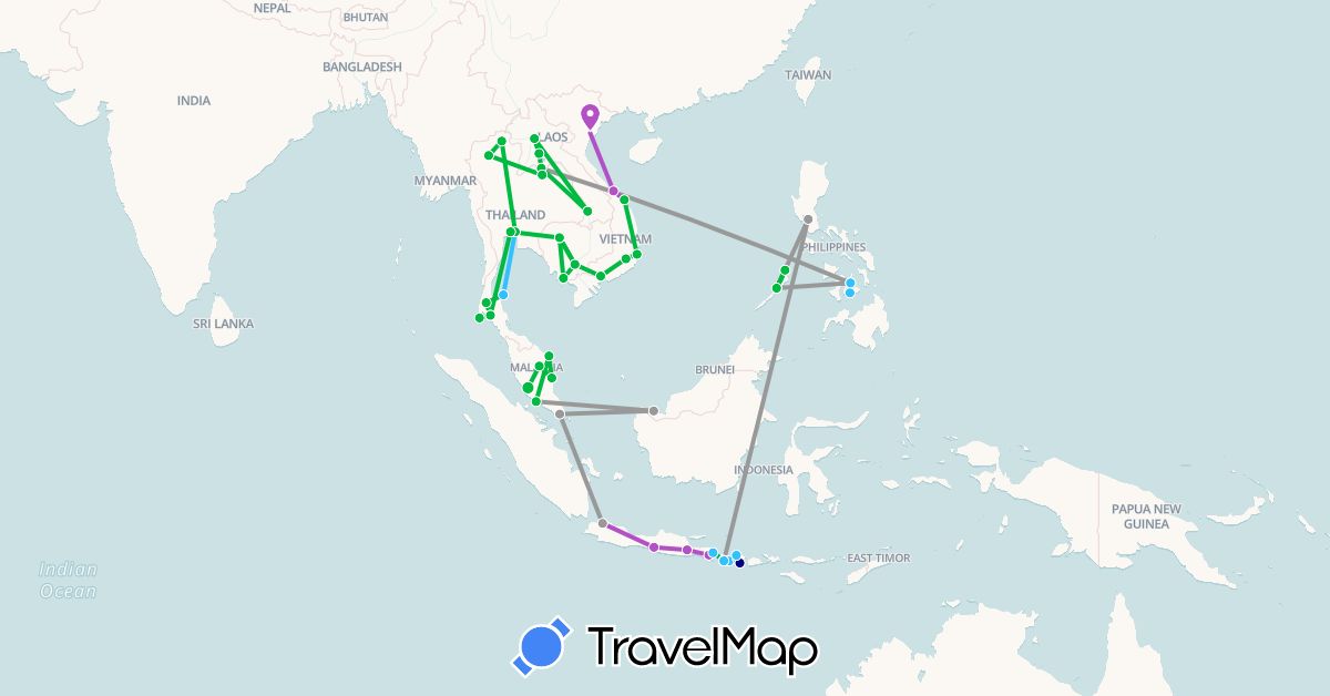 TravelMap itinerary: driving, bus, plane, train, boat in Indonesia, Cambodia, Laos, Malaysia, Philippines, Singapore, Thailand, Vietnam (Asia)